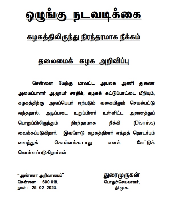 DMK sacks Jaffer Sathik from the party 