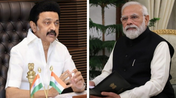MK Stalin speaks via video at Kerala government protest in Delhi MK Stalin speaks via video at Kerala government protest in Delhi