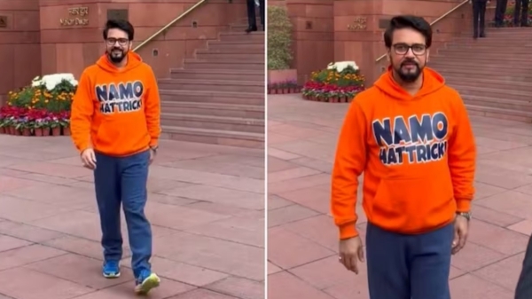 Ahead of loksabha election Union Minister Anurag Thakur wears ‛Namo Hatrick’ Hoodie in parliament 