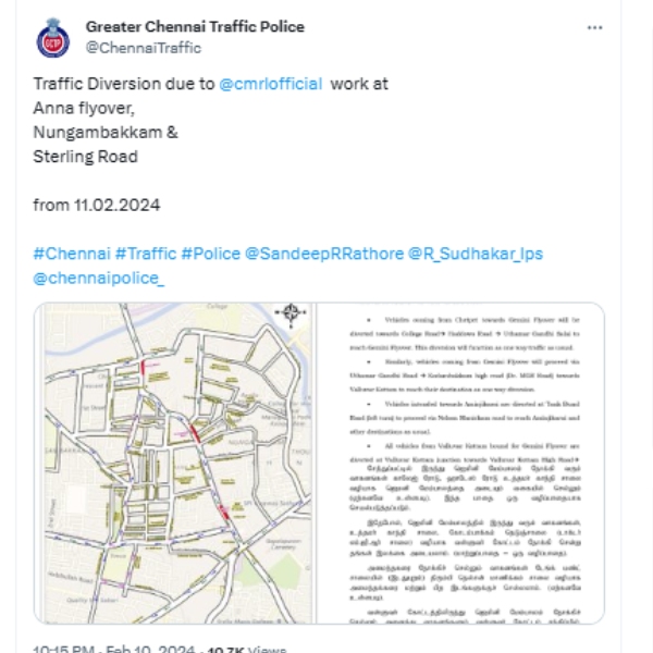 Chennai Traffic police announces traffic diversion in Nungambakkam Chennai Traffic police announces traffic diversion in Nungambakkam