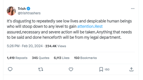 Actor Trisha assures legal action will be taken against Ex ADMK executive AK Raju