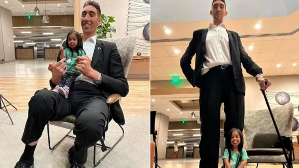 Surprise Meeting and worlds tallest man sultan and shortest woman jyoti reunite again in US Surprise Meeting and worlds tallest man sultan and shortest woman jyoti reunite again in US