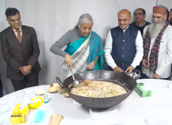 Nirmala Sitharamans saree worn on cream and blue colour for interim Budget day 2024 