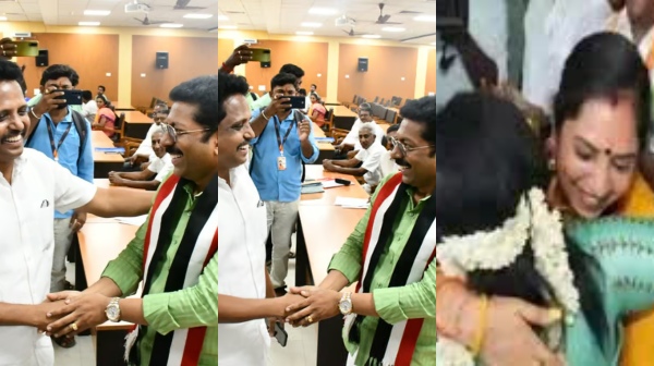 Happy incident in Madurai AIADMK Dr Saravanan and DMK Su Venkatesan Candidates congratulate each other Happy incident in Madurai AIADMK Dr Saravanan and DMK Su Venkatesan Candidates congratulate each other