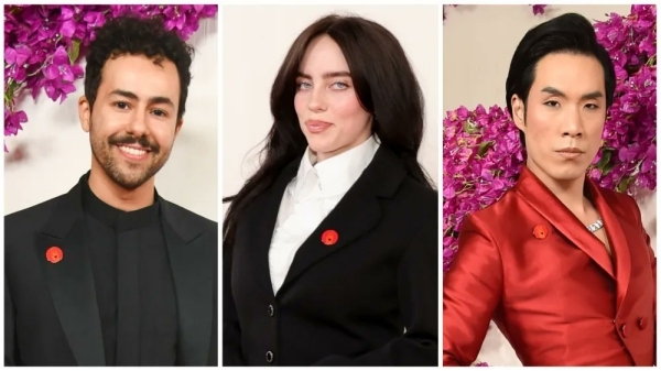 At the Oscars celebrities wore red patches to call for an Israel-Hamas ceasefire