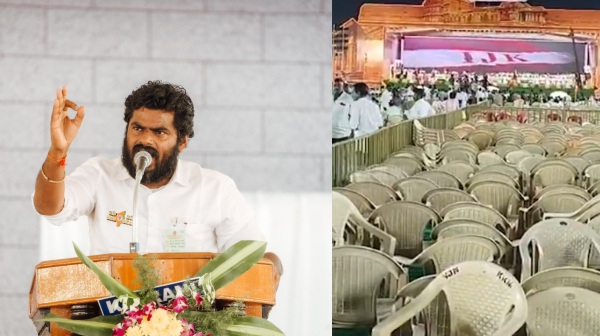 Annamalai talking in front of empty seats in Trichy IJK party meeting ahead of Lok Sabha elections