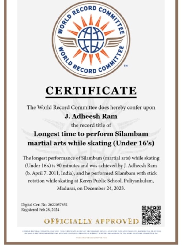 USA World Record Board Certificate for Madurai boy who excelled in Silambam 