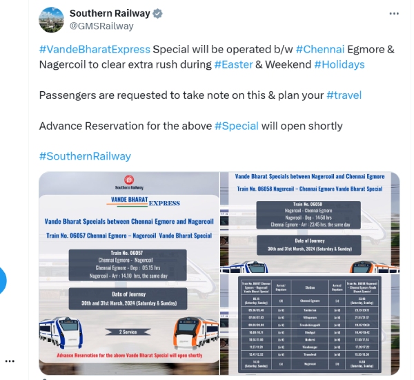 Chennai Egmore- Nagercoil vande bharat train will be operated