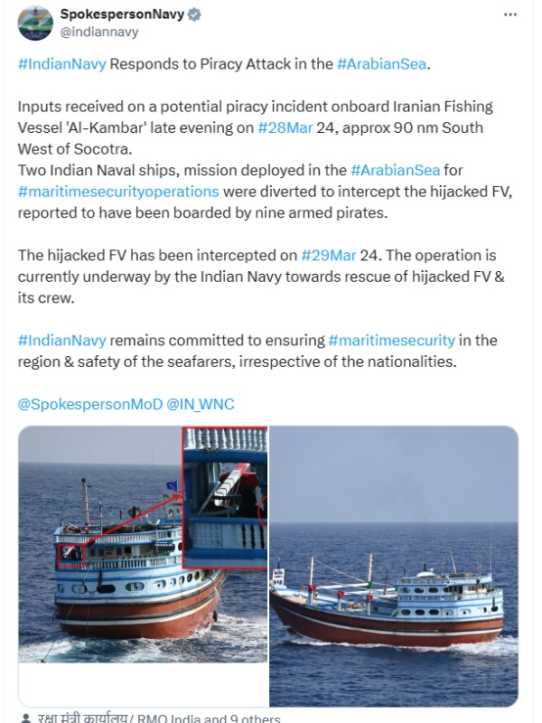 Indian Navy Rescues Iranian Fishing Vessel Attacked By Pirates and safeguarded 23 Pakistan Nationals