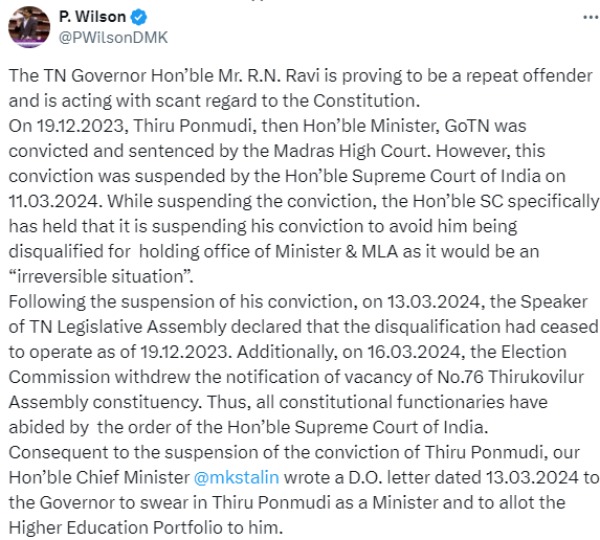 N Governor R N Ravi is proving to be a repeat offender dmk mp wilson