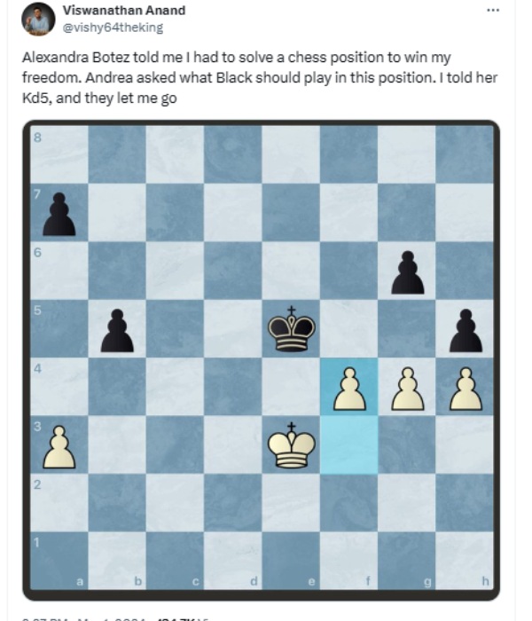  Chess legend Viswanathan Anand post explaining complex Chess move task from airport 
