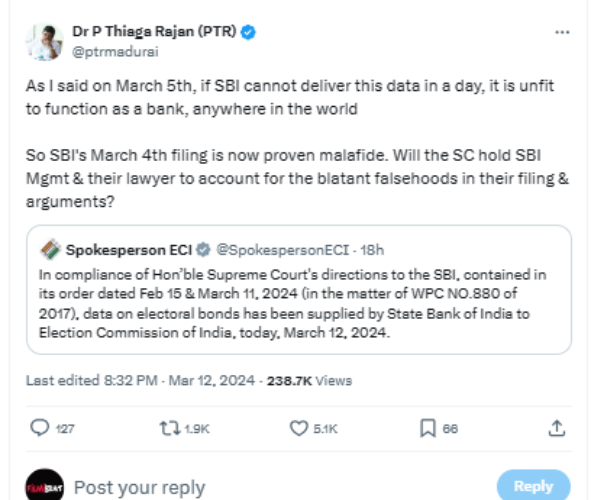 Minister Palanivel thiagarajan says SBI should held accountable for providing false info in electoral bond case