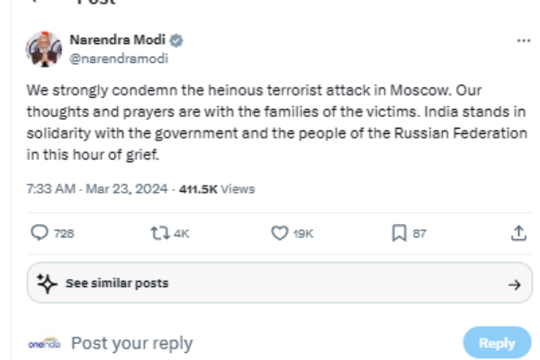 PM Modi condemns terror attack in Russian capital Moscow