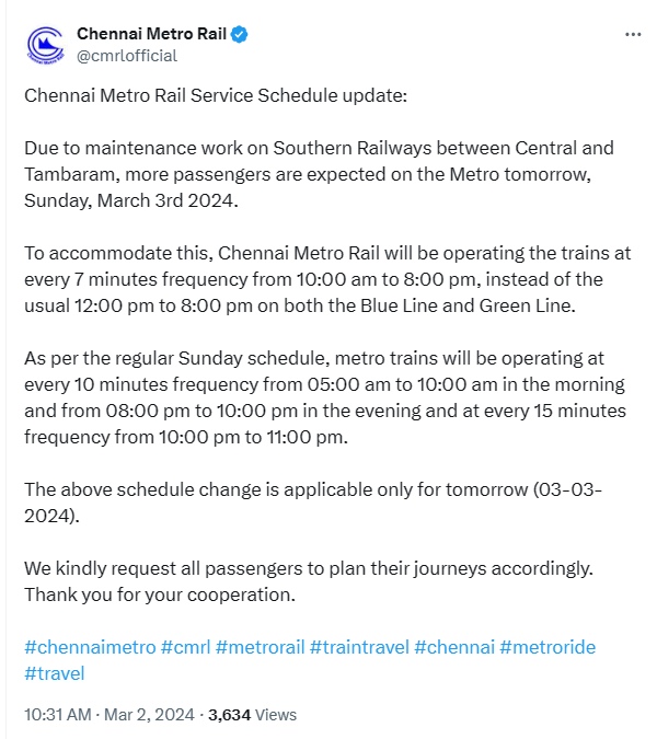 one metro train for 7 minutes Chennai tomorrow due to 44 Electric Trains will be canceled by Southern railway