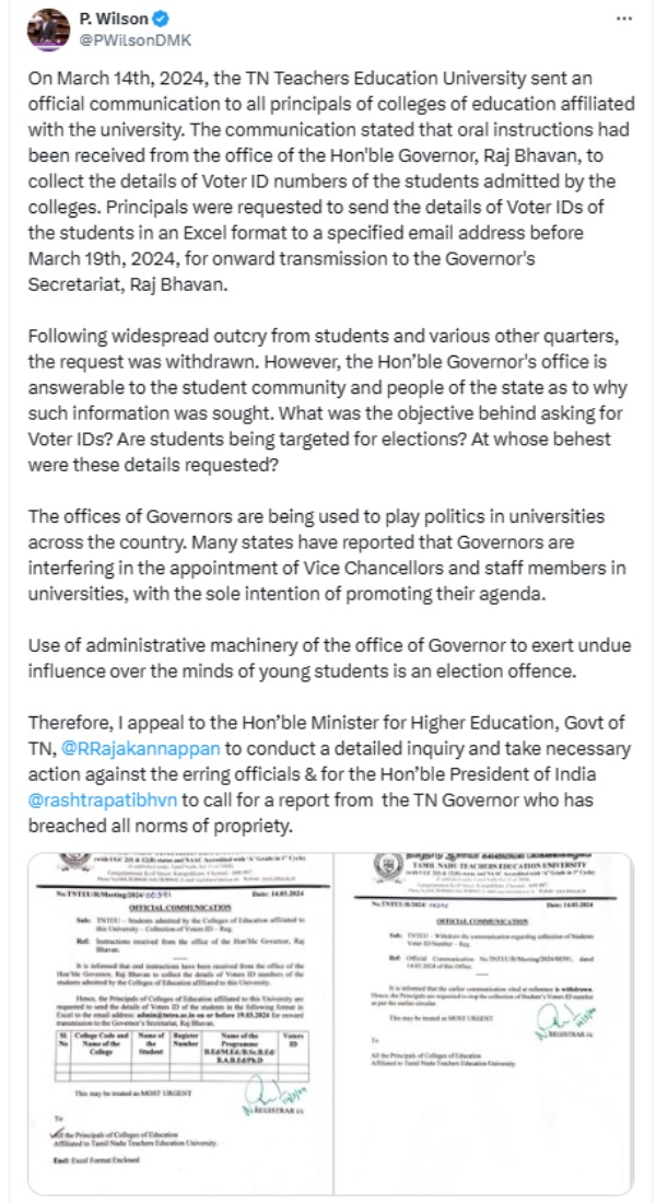 University withdraws the circular to collection of students vote id number as per raj bhavan order