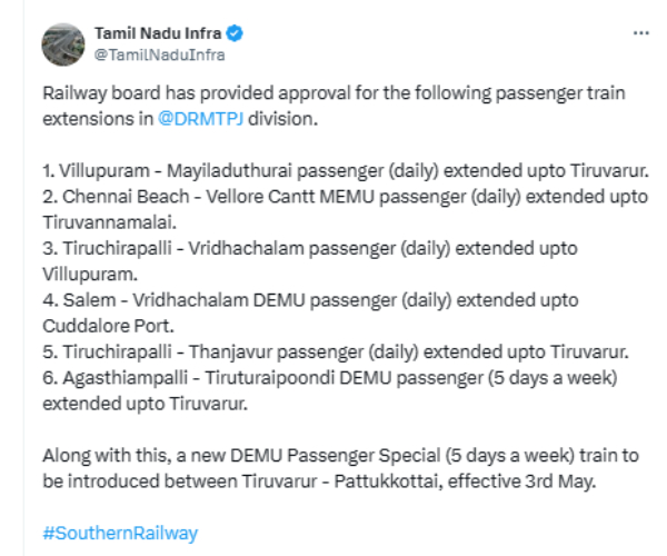 Chennai Beach to Vellore Cantonment train will now run daily till Thiruvannamalai