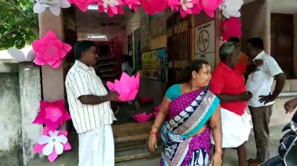 Lotus flower decoration removed from polling booth at puducherry