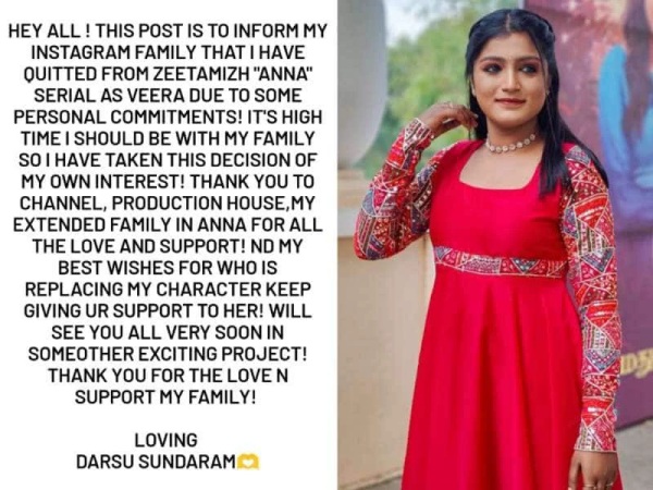 Anna serial veera character dharshu replacement to gowri