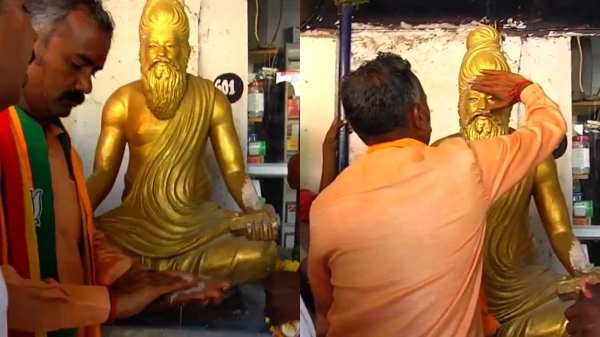 BJP candidate Ashvathaman smeared kumkum on Tiruvalluvar statue causes stir
