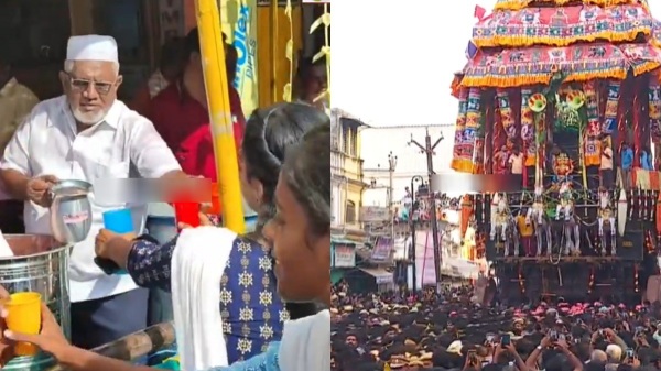 Muslims distributes butter milk and rose milk for devotees at Madurai Chiththirai festival Muslims distributes butter milk and rose milk for devotees at Madurai Chiththirai festival