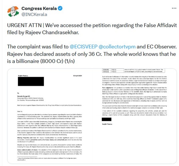 Complaint filed against Union Minister Rajeev Chandrasekhar for filing false affidavit