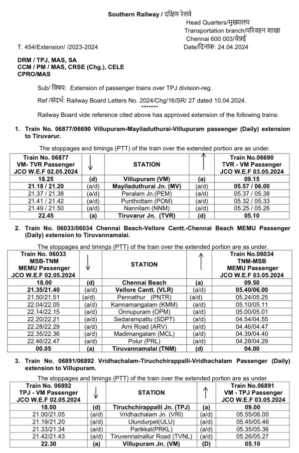 Chennai Beach to Vellore Cantonment train will now run daily till Thiruvannamalai