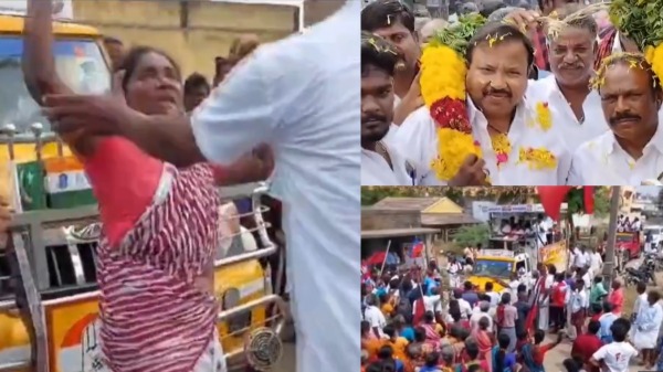 woman has dances with arul before the Cuddalore Congress candidate Vishnu Prasad campaign vehicle