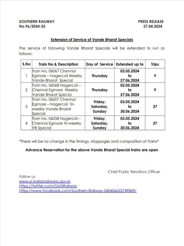 Chennai Egmore to Nagercoil Vande bharat express train will be extended