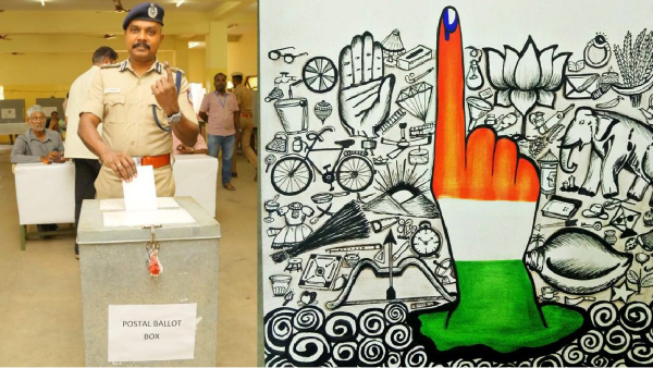 Police officers engaged in election duty are distributing postal votes in Coimbatore