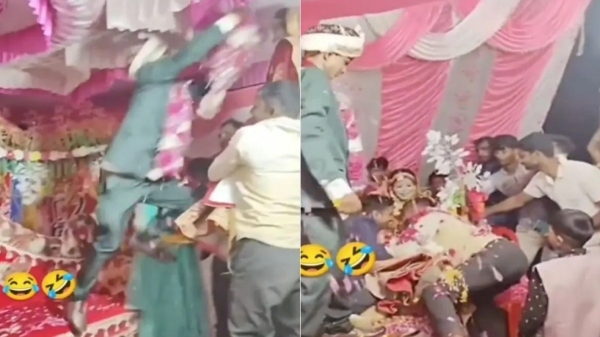 Groom Leap During Varmala Ceremony Hilarious incident in Marriage function