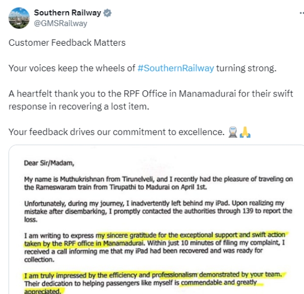 Southern Railway gave a pleasant surprise to a passenger who lost his i-pad in the train