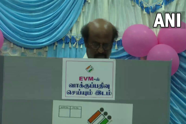 Actor Rajinikanth casts his vote at a polling booth in Chennai