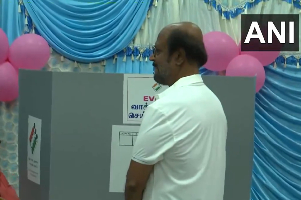 Actor Rajinikanth casts his vote at a polling booth in Chennai