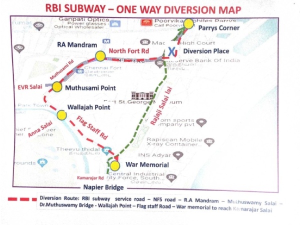 Traffic Diversion near RBI Subway for 3 months in chennai due to railway work Traffic Diversion near RBI Subway for 3 months in chennai due to railway work