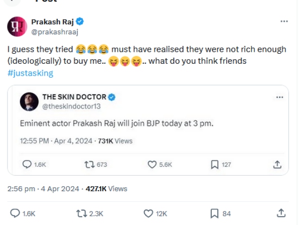 Actor Prakash Raj clears the romour and says bjp people are not ideological enough to buy me