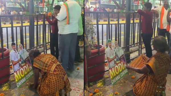 Lok Sabha Election 2024 Woman worships PM Modi Cutout after she cries with kneel down in Chennai Lok Sabha Election 2024 Woman worships PM Modi Cutout after she cries with kneel down in Chennai