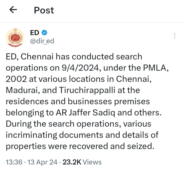 ED says that incriminating documents recovered from Jaffer Sadiq house