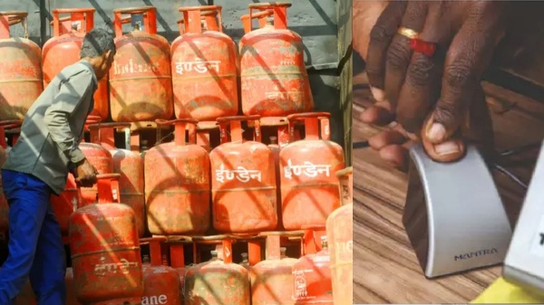 Gas Employees taking fingerprints of consumers buying gas cylinders at subsidized prices