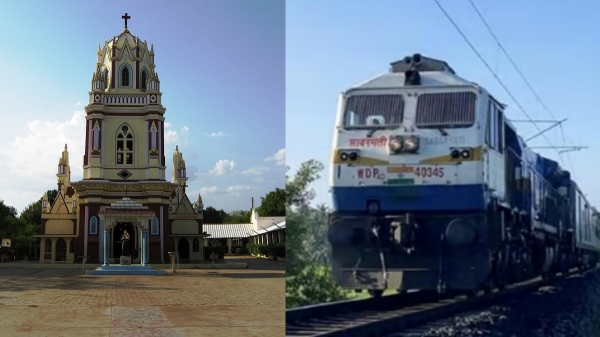 Announcement that the train will stop at Melnariyapanur for St Anthony s Church festival