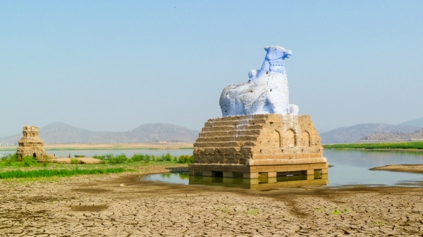 Nandhi statue is visible in Mettur Dam