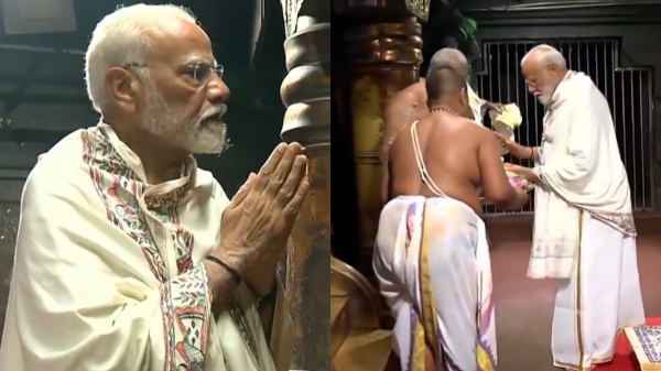 PM Modi wore white dhoti Angavastra only and visit kanyakumari Bhagavathi Amman Temple for darshan