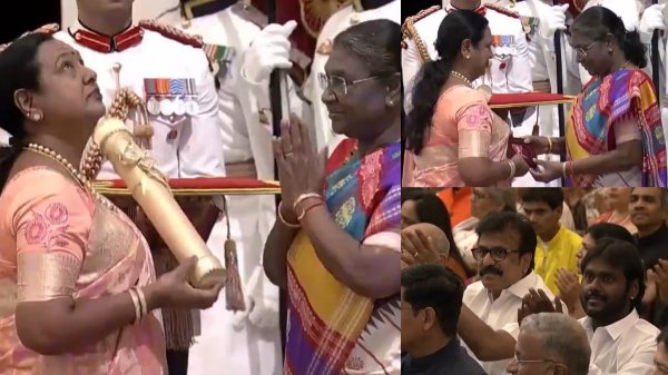 Prema latha received Padma Bhushan from president Droupadi Murmu fot his husband late actor Vijayakanth