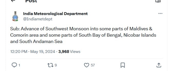 South West monsoon started today in South Andaman and Maldives says IMD