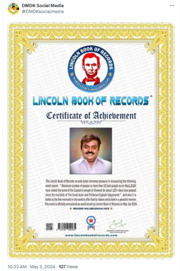 World record Award for late DMDK leader Vijayakanth Memorial