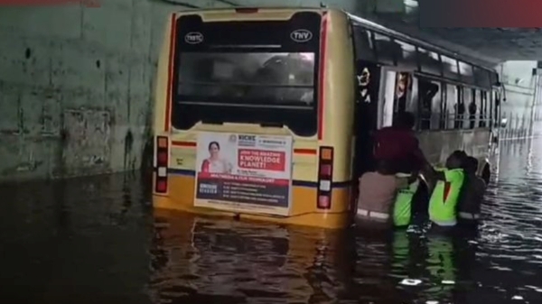 Government bus driver suspended as he run the bus in 4 feet rain water in Valliyur