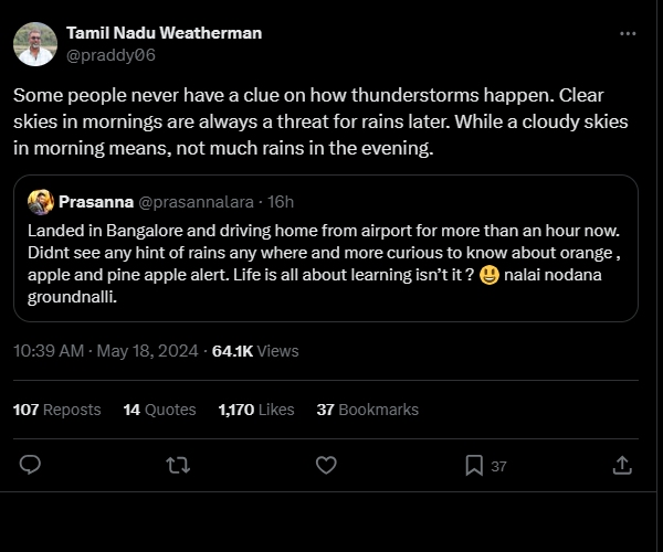 RCB vs CSk Tamil Nadu weatherman s response to RCB fan on Bengaluru rain