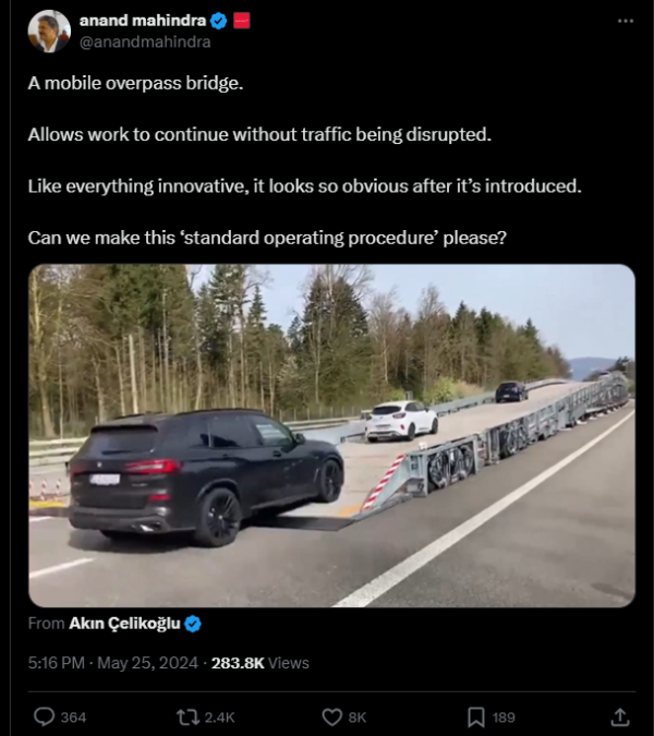 Mobile overpass bridge Allows Traffic Flowing while Highway Is Repaired Anand Mahindra Shares Video