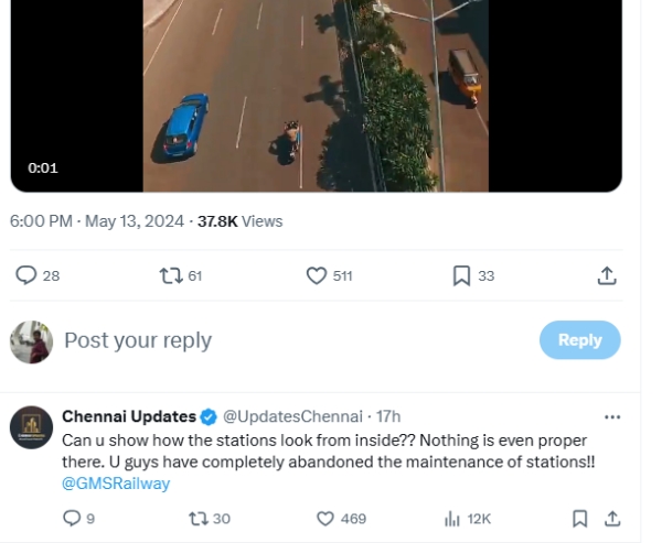Netizen s response to Southern Railway for posting beautiful drone video of Adyar Indra Nagar Station
