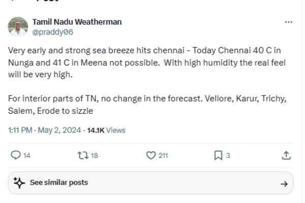 Tamilnadu Weatherman says that sea breeze hits Chennai