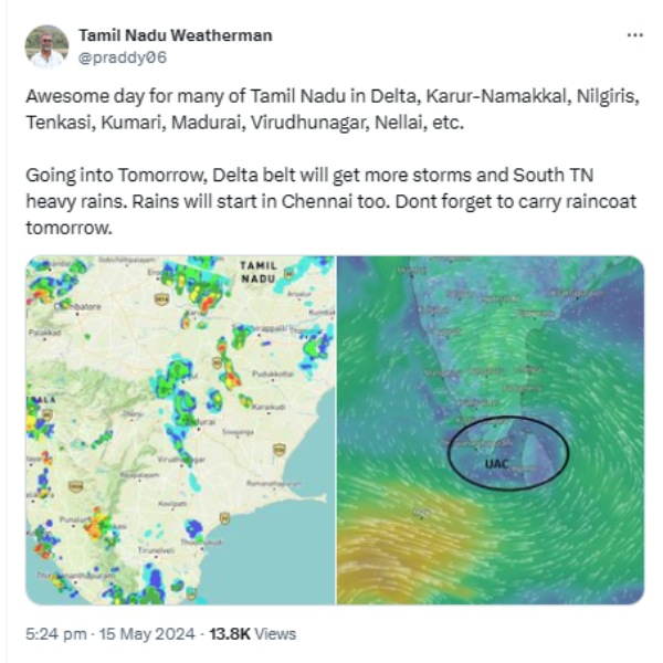 Tamilnadu Weatherman says that rains will start in chennai from tomorrow